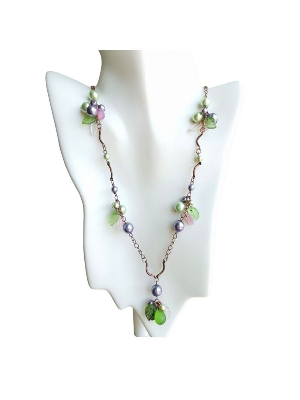 Vintage Czech pressed Glass Pearl long Necklace Purple Green